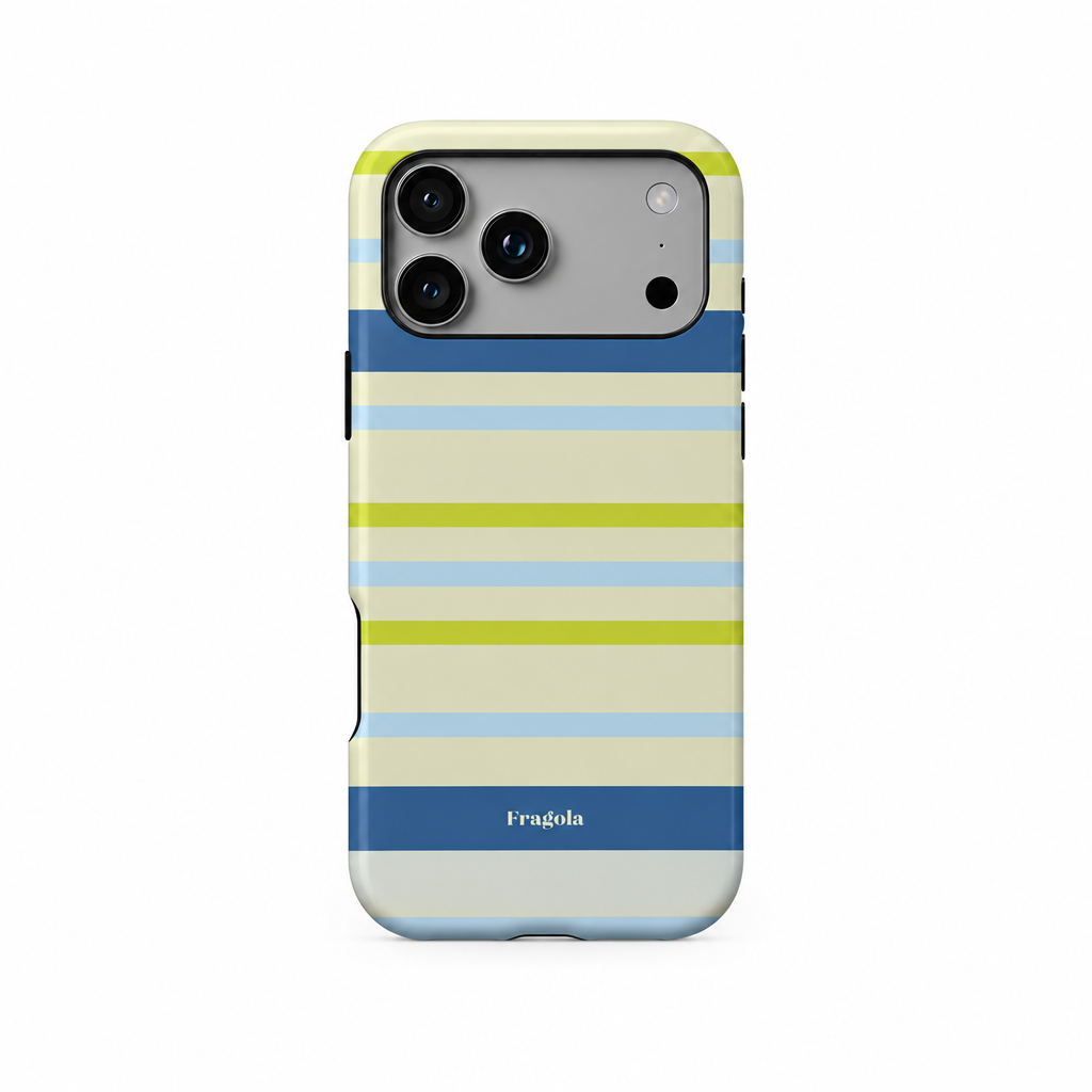 Stripe Party Atlas iPhone case, back view on white