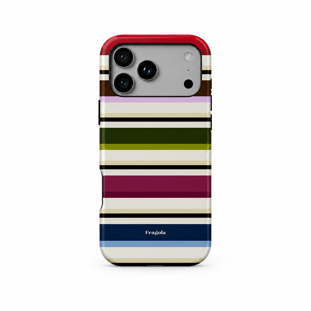 Stripe Party Cinema iPhone case, back view on white